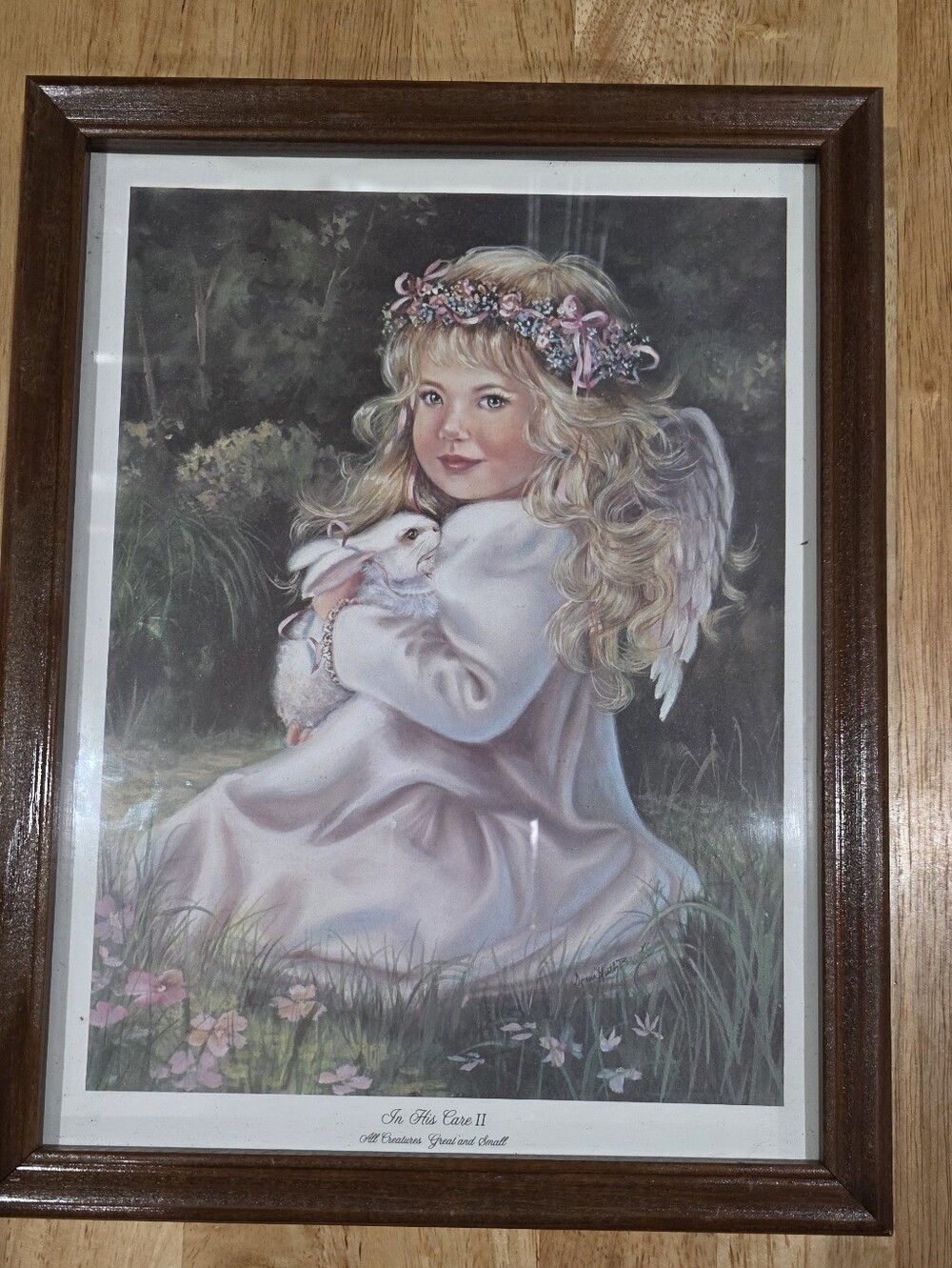 Framed Angel Girl Print Holding Bunny - Pastel Pink